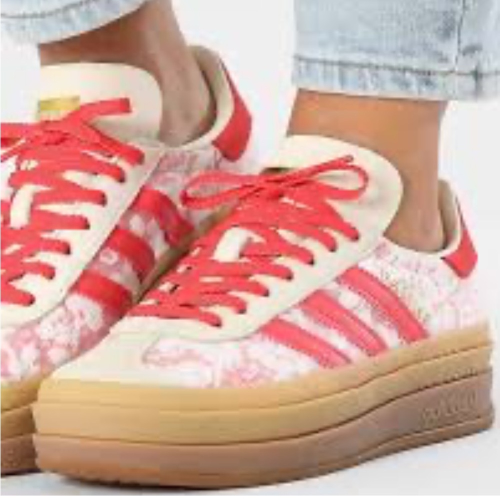 Adidas Women's Red and White Sneakers with floral pattern; Size 9 1/2